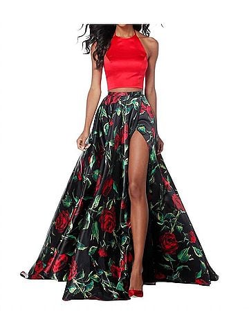 Sherri Hill Charmeuse Two-Piece Halter Casual Dress in Red/Black Print (view 2)