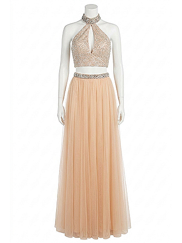 Sherri Hill Two-Piece Beaded Keyhole Prom Dress in Nude (view 1)