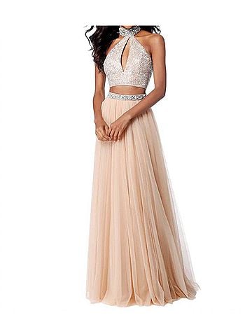 Sherri Hill Two-Piece Beaded Keyhole Prom Dress in Nude (view 2)