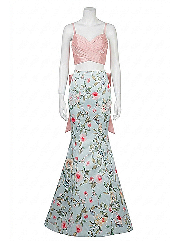 Sherri Hill Satin Two-Piece Cross Bodice Casual Dress in Blush/Aqua Prin (view 1)