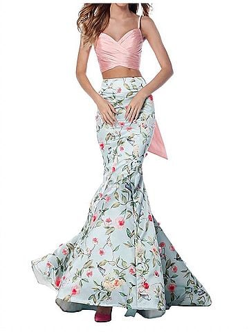 Sherri Hill Satin Two-Piece Cross Bodice Casual Dress in Blush/Aqua Prin (view 2)