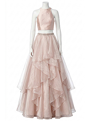 Sherri Hill Two-Piece Satin Top Chiffon Skirt Prom Dress in Nude (view 1)