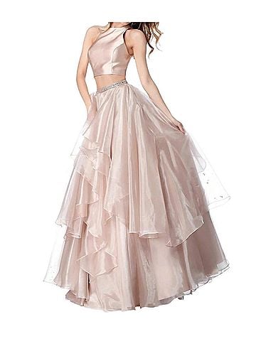 Sherri Hill Two-Piece Satin Top Chiffon Skirt Prom Dress in Nude (view 2)