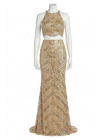 Sherri Hill Two-Piece Sequin Prom Dress in Gold (view 1)