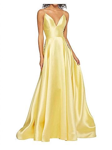 Sherri Hill Satin A-Line Prom Dress in Yellow (view 2)
