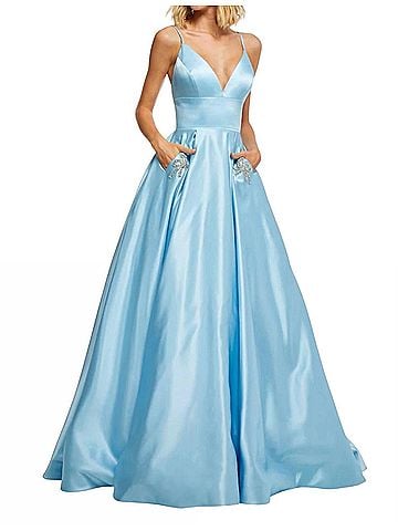 Sherri Hill Deep V-Neckline Beaded Bow Prom Dress in Light Blue (view 2)