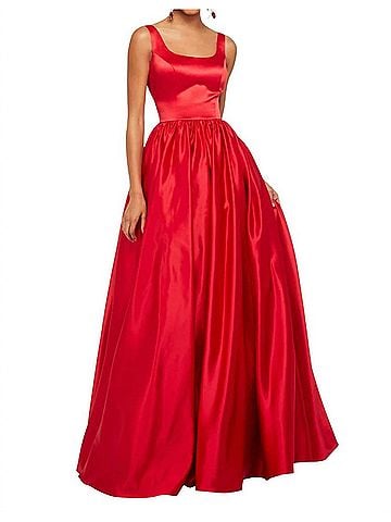 Sherri Hill Satin Low Back Prom Dress in Red (view 2)