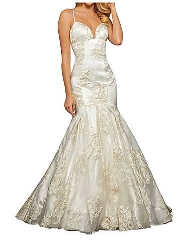 Sherri Hill Metallic Print Mermaid Wedding Dress in Ivory/Gold (view 2)