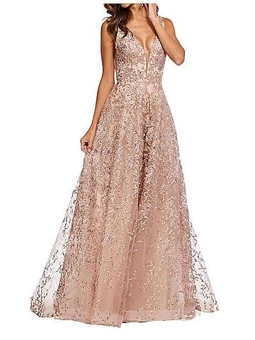 Sherri Hill V-Neck Bodice Prom Dress in Blush/Nude (view 2)