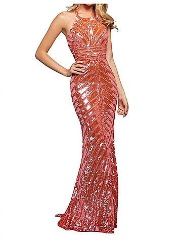 Sherri Hill Beaded Column Prom Dress in Coral/Pink (view 2)