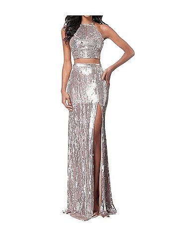 Sherri Hill Two-Piece Sequin Prom Dress in Rose Gold (view 2)