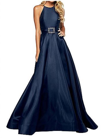 Sherri Hill High-Cut Halter Prom Dress in Navy (view 2)