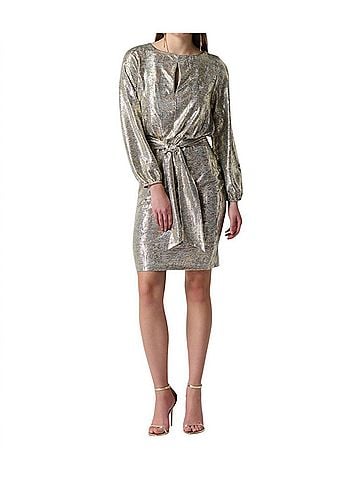 Joseph Ribkoff Metallic Belted Wrap Dress in Grey/Gold (view 2)
