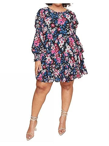 Sugarlips Plus Wild Floral Bubble Sleeve Ruffle Mini Dress Curve in Black Multi (view 2)
