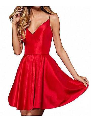 Sherri Hill Satin Cocktail Dress With V-Neck Bodice in Red (view 2)