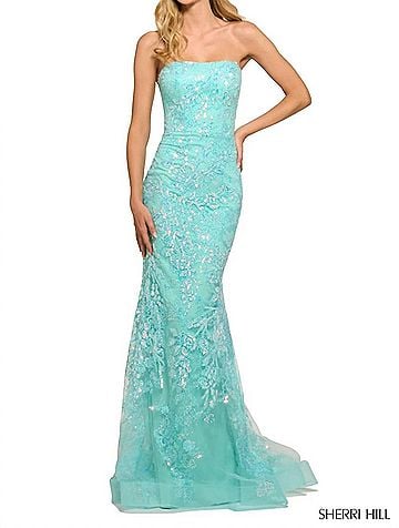 Sherri Hill Strapless Sequin Lace Fitted Gown in Aqua (view 2)