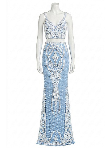 Sherri Hill Two-Piece Lace Back Fitted Prom Dress in Periwinkle/Ivory (view 1)