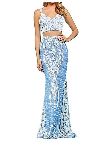 Sherri Hill Two-Piece Lace Back Fitted Prom Dress in Periwinkle/Ivory (view 2)