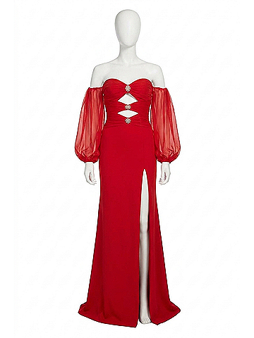 Sherri Hill Strapless Scuba Ruched Chiffon Bodice Prom Dress in Red (view 1)