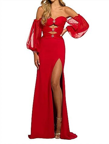 Sherri Hill Strapless Scuba Ruched Chiffon Bodice Prom Dress in Red (view 2)