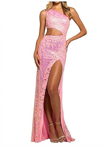 Sherri Hill One Shoulder Sequin Fitted Prom Dress in Pink (view 2)