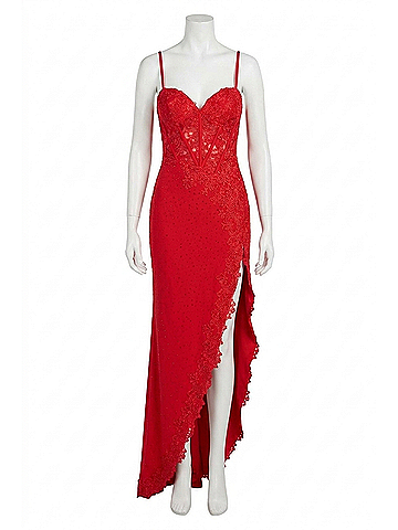 Sherri Hill One Shoulder Scuba Lace Prom Dress With Cape in Red (view 1)
