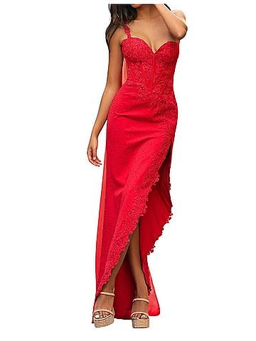 Sherri Hill One Shoulder Scuba Lace Prom Dress With Cape in Red (view 2)