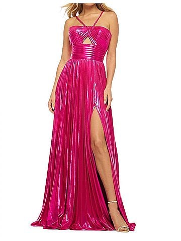 Sherri Hill Rich Metallic Pleated Prom Dress in Fuchsia (view 2)
