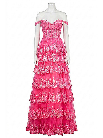 Sherri Hill Ruffle Tulle Lace Sequin Prom Dress in Fuchsia (view 1)