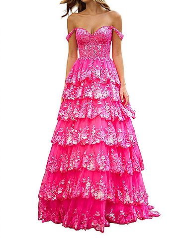 Sherri Hill Ruffle Tulle Lace Sequin Prom Dress in Fuchsia (view 2)