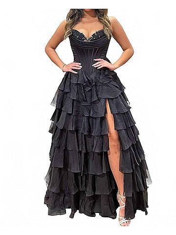 Sherri Hill Strapless Chiffon Ruffle Skirt Prom Dress in Black (view 2)