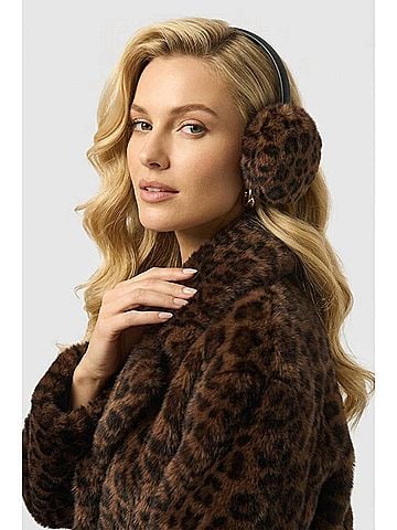 Joseph Ribkoff Women's Leopard Print Faux Fur Adjustable Earmuffs in Beige/Black (view 2)