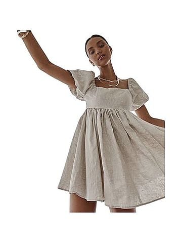 J. Crew x Dauphinette Beige Linen Puff Sleeve Empire Waist Smocked Boho Pockets Mini Cottage Casual Dress (view 2)