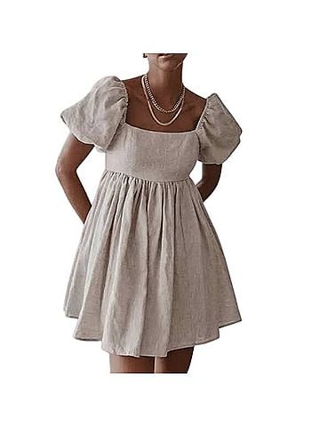 J. Crew x Dauphinette Beige Linen Puff Sleeve Empire Waist Smocked Boho Pockets Mini Cottage Casual Dress (view 1)
