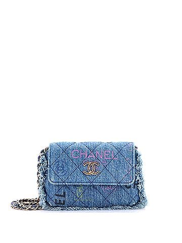 Chanel Denim Mood Flap Clutch with Chain Logo Printed Quilted Fringe Denim (view 1)