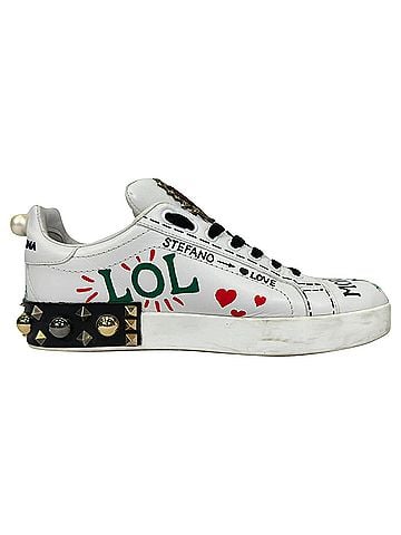 Dolce & Gabbana Dolce & Gabbana Printed Portofino Sneakers in White Leather (view 1)