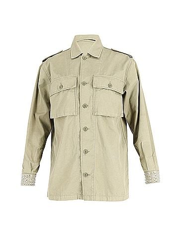 Saint Laurent Saint Laurent Embellished Cuff Military Jacket in Light Khaki Cotton  (view 1)