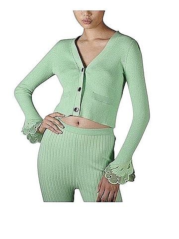 Self-Portrait Spearmint Inserted Lace Ribbed Knit  Cardigan (view 2)