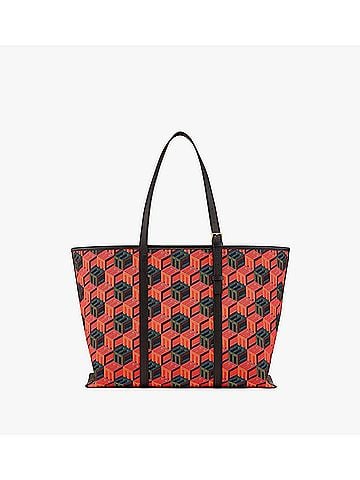 MCM Orange/Red Cubic Logo Jacquard Medium Leather Trim Tote Bag (view 2)
