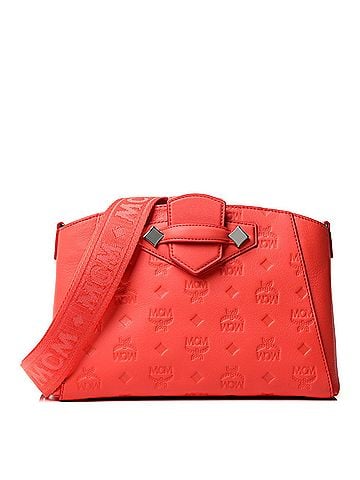 MCM Hot Coral Monogram Leather Small Essential Crossbody Bag (view 1)