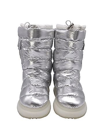 Moncler  Moncler Gaia Padded Snow Mid-Calf Boots in Metallic Silver Polyamide  (view 2)
