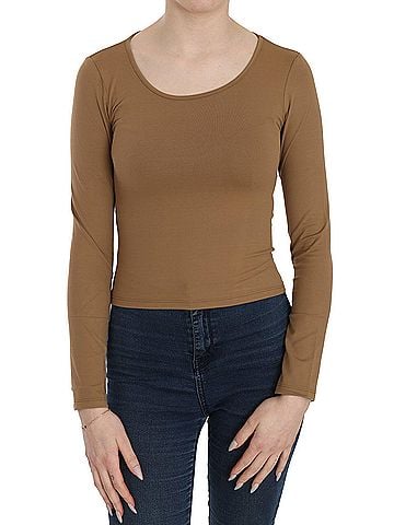 GF Ferre Brown Long Round Neck Sleeve Fitted Shirt Tops Women's Blouse (view 1)
