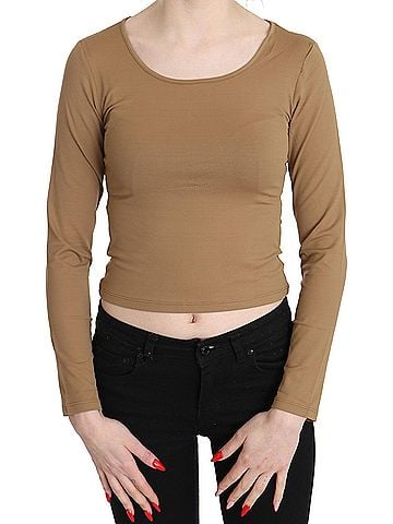 GF Ferre Brown Round Neck Long Sleeve Slim Crop Top Women's Blouse (view 1)