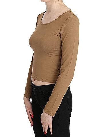 GF Ferre Brown Round Neck Long Sleeve Slim Crop Top Women's Blouse (view 2)