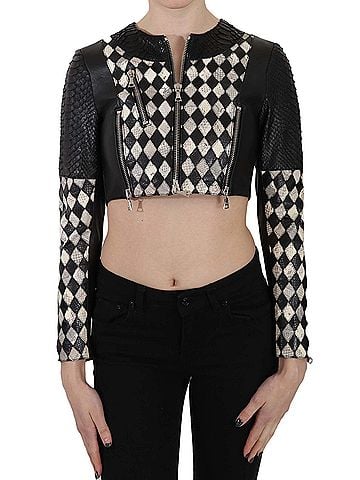 John Richmond Black White Leather Short Cropped Biker Jacket Women's Coat (view 1)