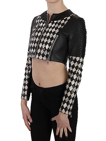 John Richmond Black White Leather Short Cropped Biker Jacket Women's Coat (view 2)