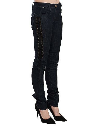 Roberto Cavalli Blue Low Waist Skinny Trousers Braided String Women's Pants (view 2)