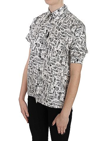 Dolce & Gabbana Basic Trumpet Print Button Front Silk Top Women's Blouse (view 2)