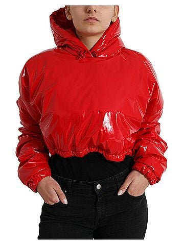Dolce & Gabbana Basic Shiny Red Hooded Cropped Short Coat Women's Jacket (view 1)