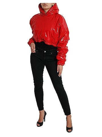 Dolce & Gabbana Basic Shiny Red Hooded Cropped Short Coat Women's Jacket (view 2)
